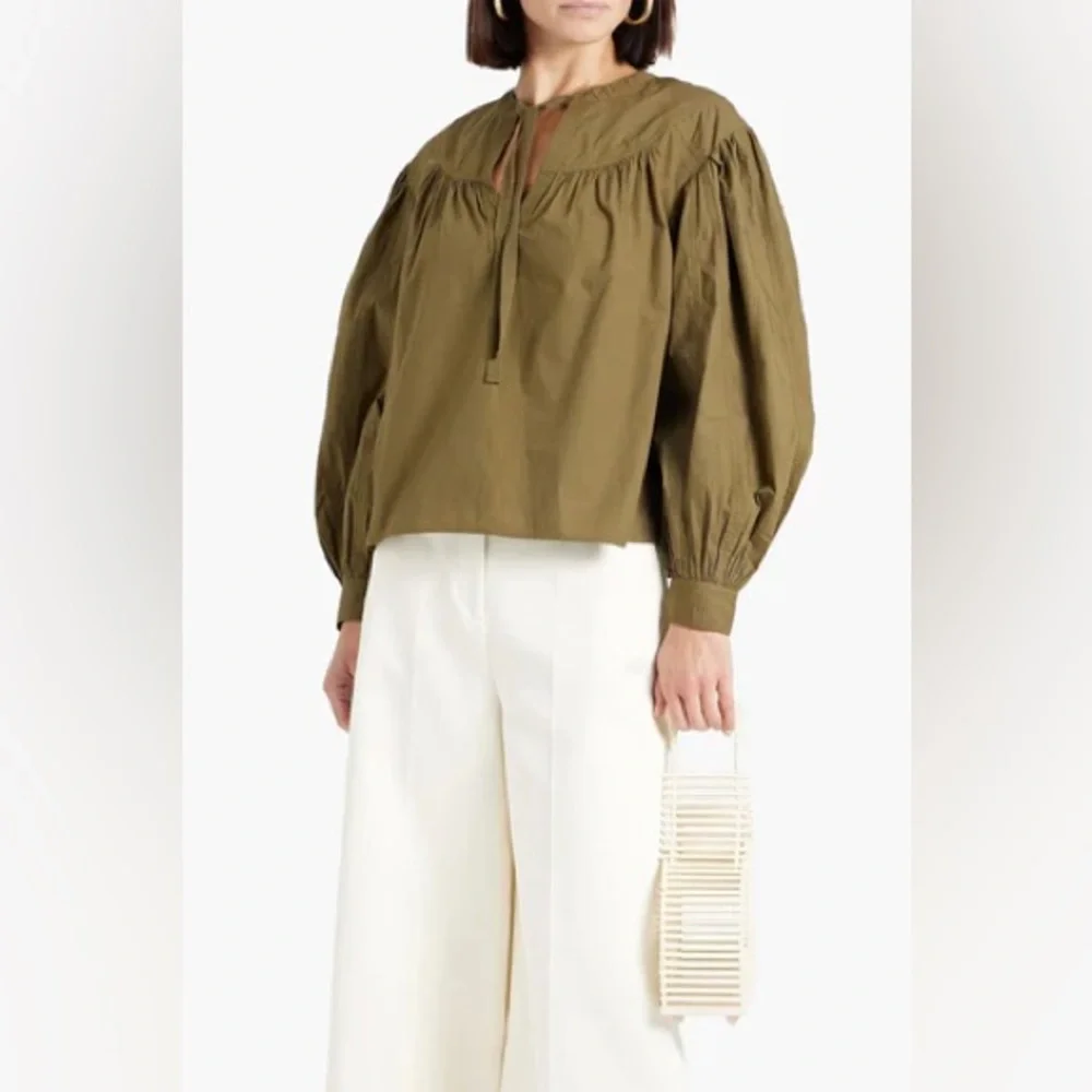 Ulla Johnson Delaney Blouse Olive Green Cotton Puff Sleeve Top Size 4 Boho Chic - Picture 3 of 12